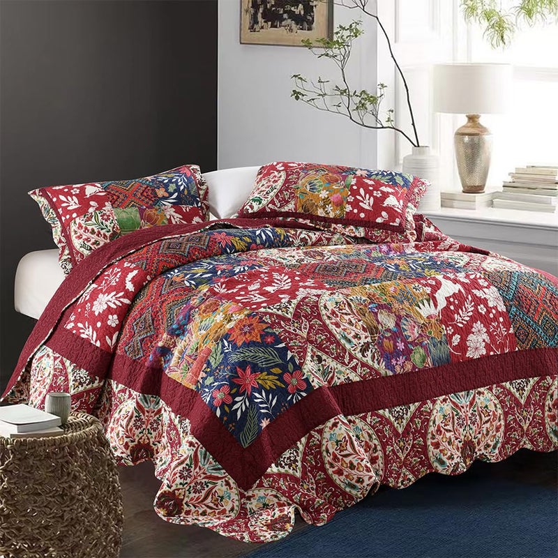 ENASAL Cotton Bedspread Quilt Sets Reversible Bedding Coverlet Sets Comforters Vintage Luxury Damask Floral Real Patchwork Burgundy Bedspread,Queen Size - Image 2