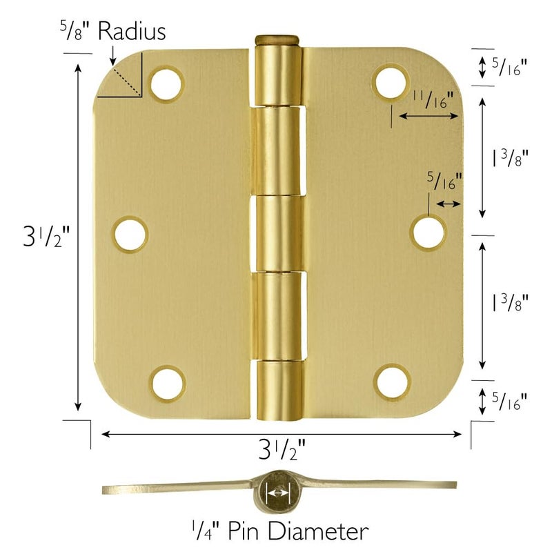 Design House Interior Door Hinges 3.5 In. X 3.5 In. Rounded 5/8-In. Radius Steel Pre-Lubricated Door Hardware Satin Brass 3-Pack 181396 - Image 2