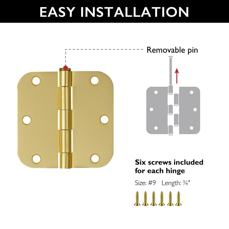 Design House Interior Door Hinges 3.5 In. X 3.5 In. Rounded 5/8-In. Radius Steel Pre-Lubricated Door Hardware Satin Brass 3-Pack 181396 - Image 3