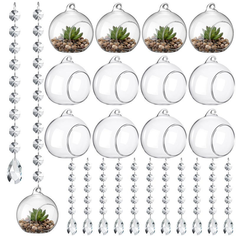 GlikCeil 56 Pcs 3.15'' Hanging Glass Tealight Holder Globe with K9 Crystal Garland Strands,Teardrop Pendant Hanging Tealight Candle Holder Orbs Air Plant for Wedding Centerpiece Party Decor (Clear) - Image 1