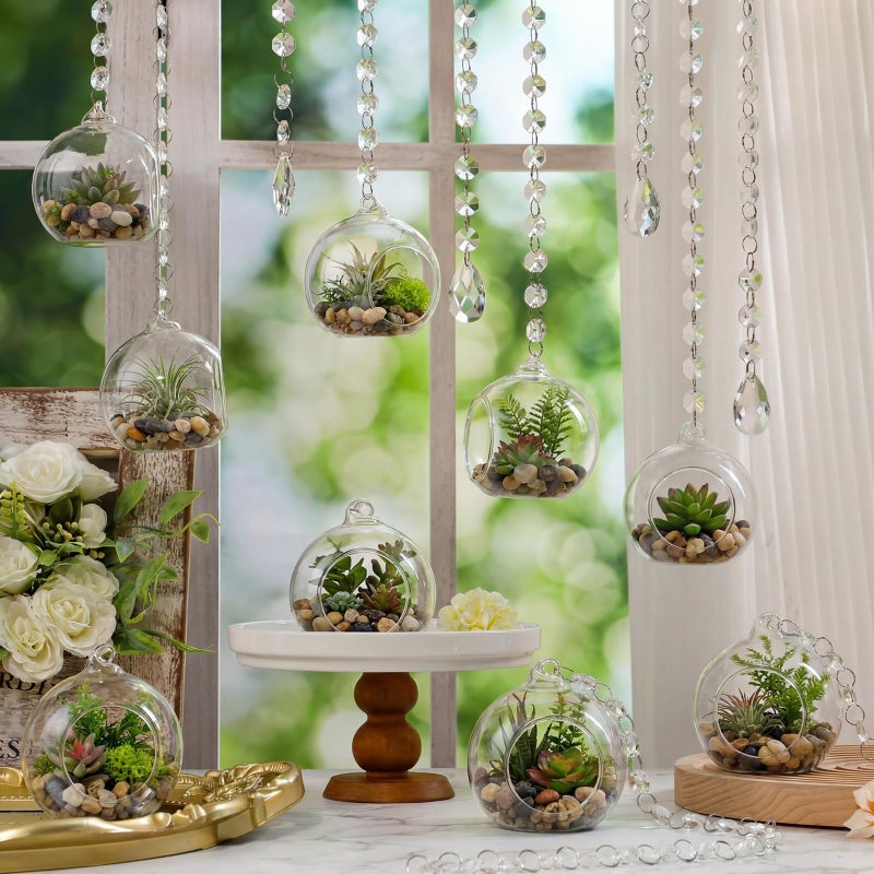 GlikCeil 56 Pcs 3.15'' Hanging Glass Tealight Holder Globe with K9 Crystal Garland Strands,Teardrop Pendant Hanging Tealight Candle Holder Orbs Air Plant for Wedding Centerpiece Party Decor (Clear) - Image 2