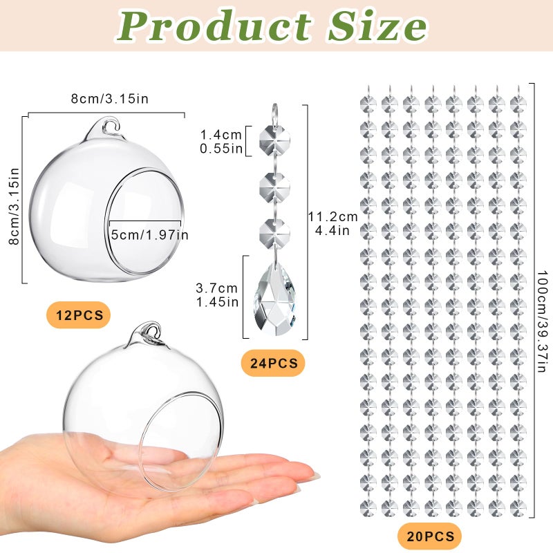 GlikCeil 56 Pcs 3.15'' Hanging Glass Tealight Holder Globe with K9 Crystal Garland Strands,Teardrop Pendant Hanging Tealight Candle Holder Orbs Air Plant for Wedding Centerpiece Party Decor (Clear) - Image 3