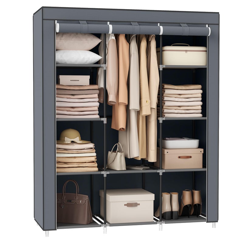 SONGMICS SONGMICS Portable Closet Clothes Storage Organizer with 10 Shelves 1 Clothes Hanging Rail NonWoven Fabric Closet Metal Frame 51 x 177 x 661 Inches Grey URYG93G 