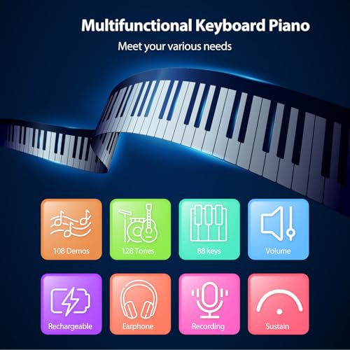 MARVTOWN 88Keys Roll Up Piano Keyboard, MARVTOWN Portable Foldable Hand Roll Keyboard Piano,108 Rhythms,128 Tones,Waterproof Silicone Folding Piano with MIDI&Speaker&Headphone jack For Beginners Travelling - Image 4