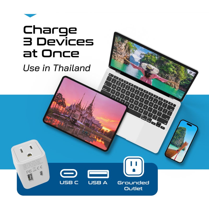 Ceptics Thailand Travel Plug Adapter â€“ Type O Power Adapter with USB-C & A + USA Input â€“ Ultra Compact,3-in-1 Safe Grounded Adapter Plug for Thailand - Image 2