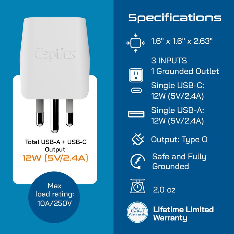 Ceptics Thailand Travel Plug Adapter â€“ Type O Power Adapter with USB-C & A + USA Input â€“ Ultra Compact,3-in-1 Safe Grounded Adapter Plug for Thailand - Image 5