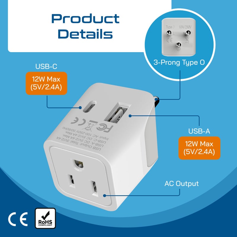 Ceptics Thailand Travel Plug Adapter â€“ Type O Power Adapter with USB-C & A + USA Input â€“ Ultra Compact,3-in-1 Safe Grounded Adapter Plug for Thailand - Image 4