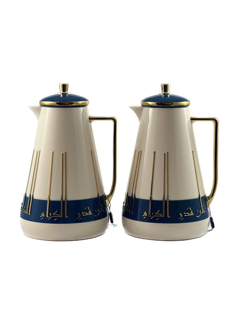 Homemaker 2-Piece Tea & Coffee Flask - 1 Liter & 1 Liter Capacity - Glass Inner - ABS Body - White & Blue & Gold - Image 3