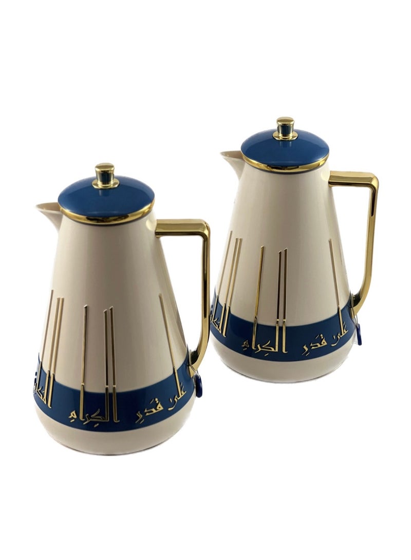 Homemaker 2-Piece Tea & Coffee Flask - 1 Liter & 1 Liter Capacity - Glass Inner - ABS Body - White & Blue & Gold - Image 2