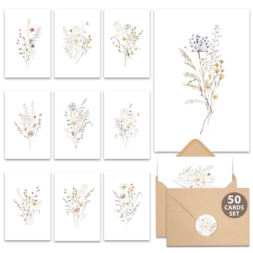 AUDREE 50 Set Blank Cards and Envelopes 3.5x5 - Watercolor Wildflowers Blank Greeting Cards with Adhesive Envelopes and Matching Sticker - Blank Note Cards for All Occasions - Image 1