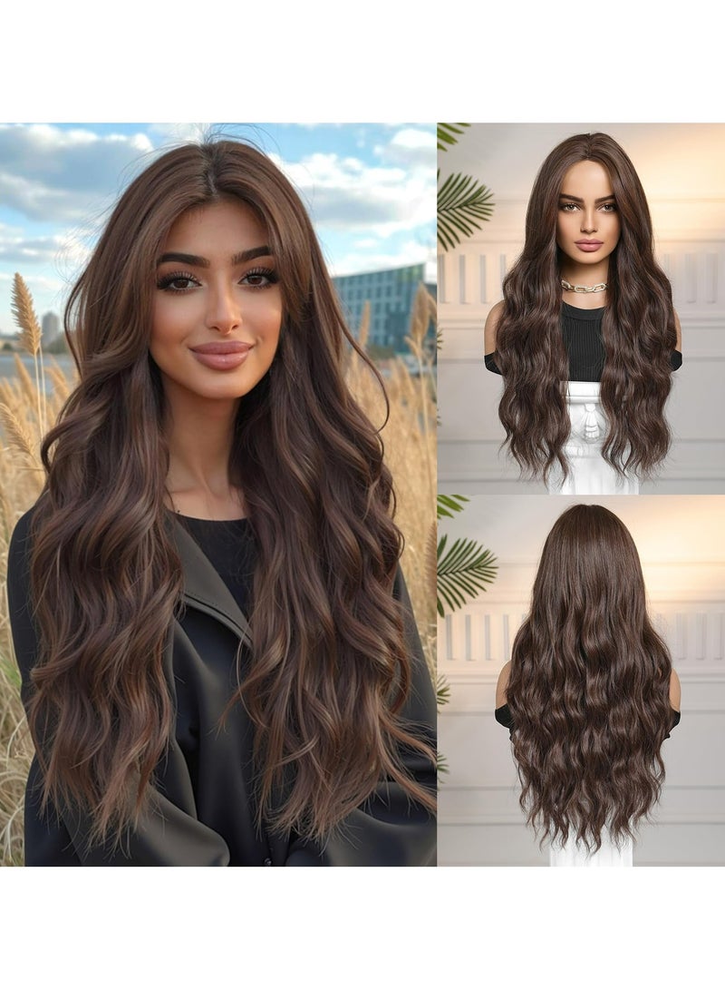 CMGTYYD. باروكة شعر مستعار بني فاتح طويل ومموج للنساء، مموج طبيعي، من ألياف صناعية مقاومة للحرارة، مناسبة للمناسبات اليومية والتجمعات العائلية، بطول 71 سم.  - Image 1