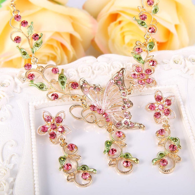 EleQueen Women's Austrian Crystal Butterfly Flower Leaf Necklace Earrings Set Gold-Tone Pink - Image 5