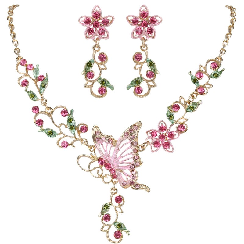 EleQueen Women's Austrian Crystal Butterfly Flower Leaf Necklace Earrings Set Gold-Tone Pink - Image 1