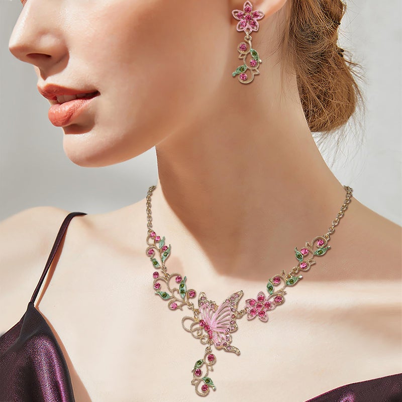 EleQueen Women's Austrian Crystal Butterfly Flower Leaf Necklace Earrings Set Gold-Tone Pink - Image 4