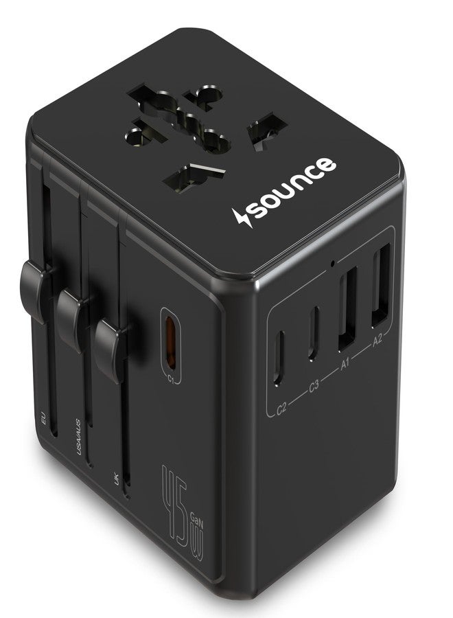 ساونس محول السفر العالمي Sounce OmniCharge بقوة 45 واط مزود بـ 3 منافذ USB-C PD ومنفذين USB-A، ومقبس تيار متردد بقوة 2500 واط، وقابس عالمي (الولايات المتحدة/المملكة المتحدة/الاتحاد الأوروبي/أستراليا)، ويدعم أجهزة الكمبيوتر المحمولة وأجهزة MacBook، ومزود بفيوز أمان، وتصميم صغير الحجم (أسود). - Image 1