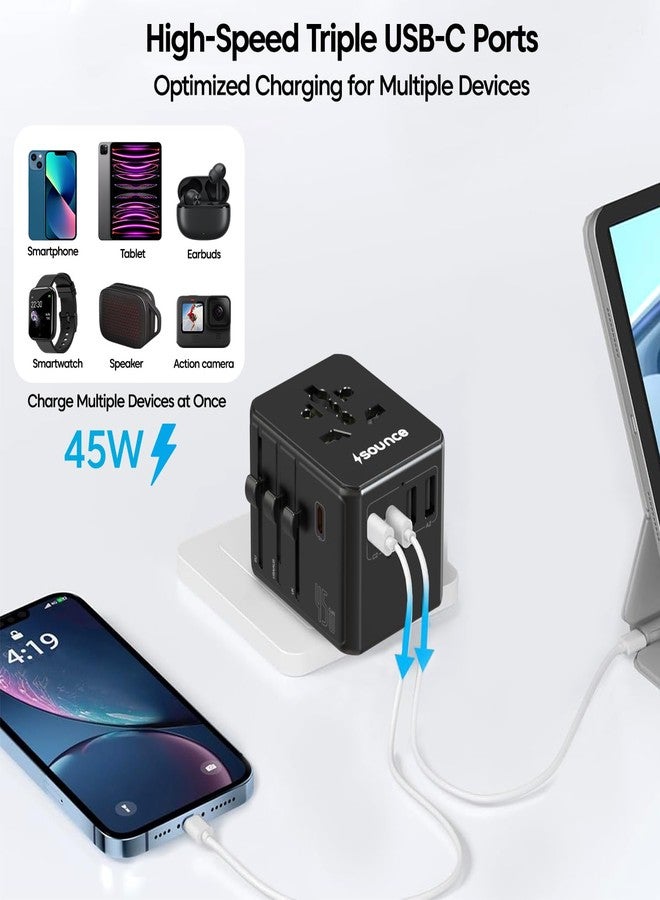 ساونس محول السفر العالمي Sounce OmniCharge بقوة 45 واط مزود بـ 3 منافذ USB-C PD ومنفذين USB-A، ومقبس تيار متردد بقوة 2500 واط، وقابس عالمي (الولايات المتحدة/المملكة المتحدة/الاتحاد الأوروبي/أستراليا)، ويدعم أجهزة الكمبيوتر المحمولة وأجهزة MacBook، ومزود بفيوز أمان، وتصميم صغير الحجم (أسود). - Image 3