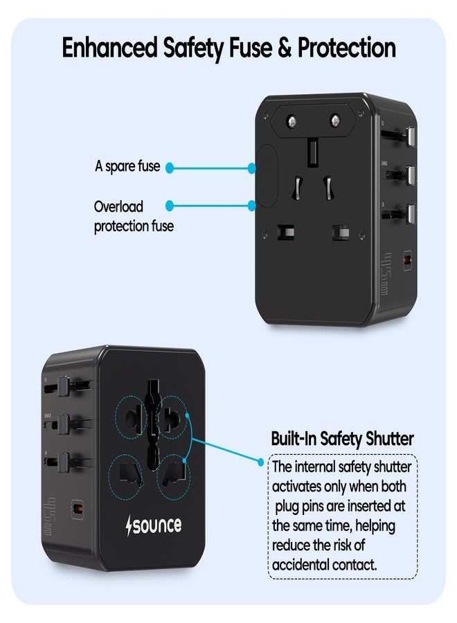 ساونس محول السفر العالمي Sounce OmniCharge بقوة 45 واط مزود بـ 3 منافذ USB-C PD ومنفذين USB-A، ومقبس تيار متردد بقوة 2500 واط، وقابس عالمي (الولايات المتحدة/المملكة المتحدة/الاتحاد الأوروبي/أستراليا)، ويدعم أجهزة الكمبيوتر المحمولة وأجهزة MacBook، ومزود بفيوز أمان، وتصميم صغير الحجم (أسود). - Image 5