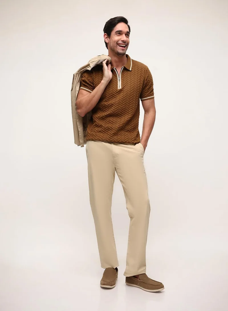 Dennis Lingo Brown 100% Cotton Textured Relaxed Polo T-Shirt For Men