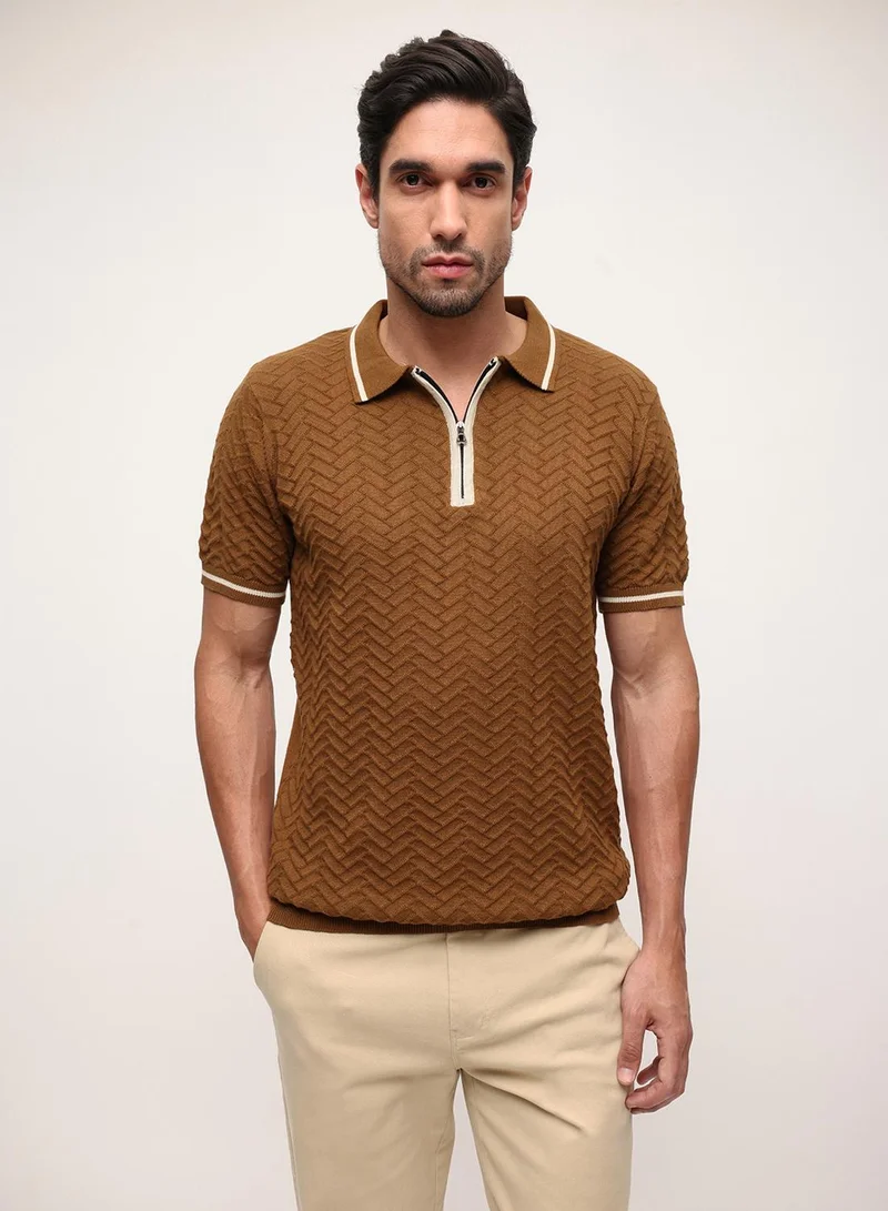 Dennis Lingo Brown 100% Cotton Textured Relaxed Polo T-Shirt For Men
