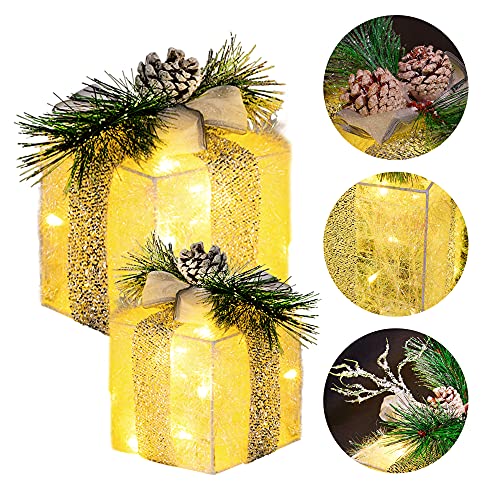 FUNPENY Set of 3 Christmas Lighted Gift Boxes, Plug in 60 LED Light Up Tinsel Present Box Decorations for Outdoor Indoor Christmas Tree, Yard, Home Decor (Max. Size 7.5 x 7.5 x7.1 Inch) (Warm White) - Image 2