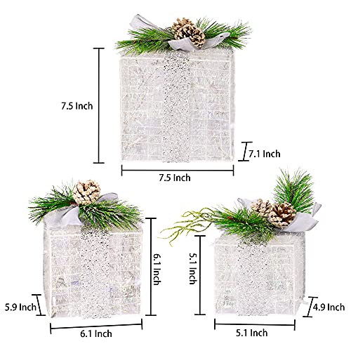 FUNPENY Set of 3 Christmas Lighted Gift Boxes, Plug in 60 LED Light Up Tinsel Present Box Decorations for Outdoor Indoor Christmas Tree, Yard, Home Decor (Max. Size 7.5 x 7.5 x7.1 Inch) (Warm White) - Image 3