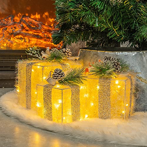 FUNPENY Set of 3 Christmas Lighted Gift Boxes, Plug in 60 LED Light Up Tinsel Present Box Decorations for Outdoor Indoor Christmas Tree, Yard, Home Decor (Max. Size 7.5 x 7.5 x7.1 Inch) (Warm White) - Image 1