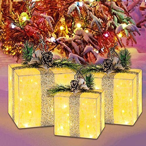 FUNPENY Set of 3 Christmas Lighted Gift Boxes, Plug in 60 LED Light Up Tinsel Present Box Decorations for Outdoor Indoor Christmas Tree, Yard, Home Decor (Max. Size 7.5 x 7.5 x7.1 Inch) (Warm White) - Image 4
