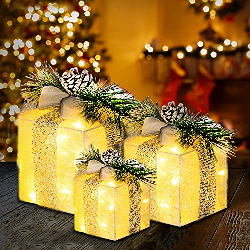 FUNPENY Set of 3 Christmas Lighted Gift Boxes, Plug in 60 LED Light Up Tinsel Present Box Decorations for Outdoor Indoor Christmas Tree, Yard, Home Decor (Max. Size 7.5 x 7.5 x7.1 Inch) (Warm White) - Image 5