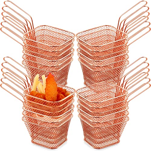 Potchen 24 Pcs Mini Square Fry Basket Stainless Steel French Fries Holder Deep Fryer Baskets Only Square Mesh Food Holder with Handles Small Serving Basket for Kitchen Restaurant Cafe BarbecueRose Gold 