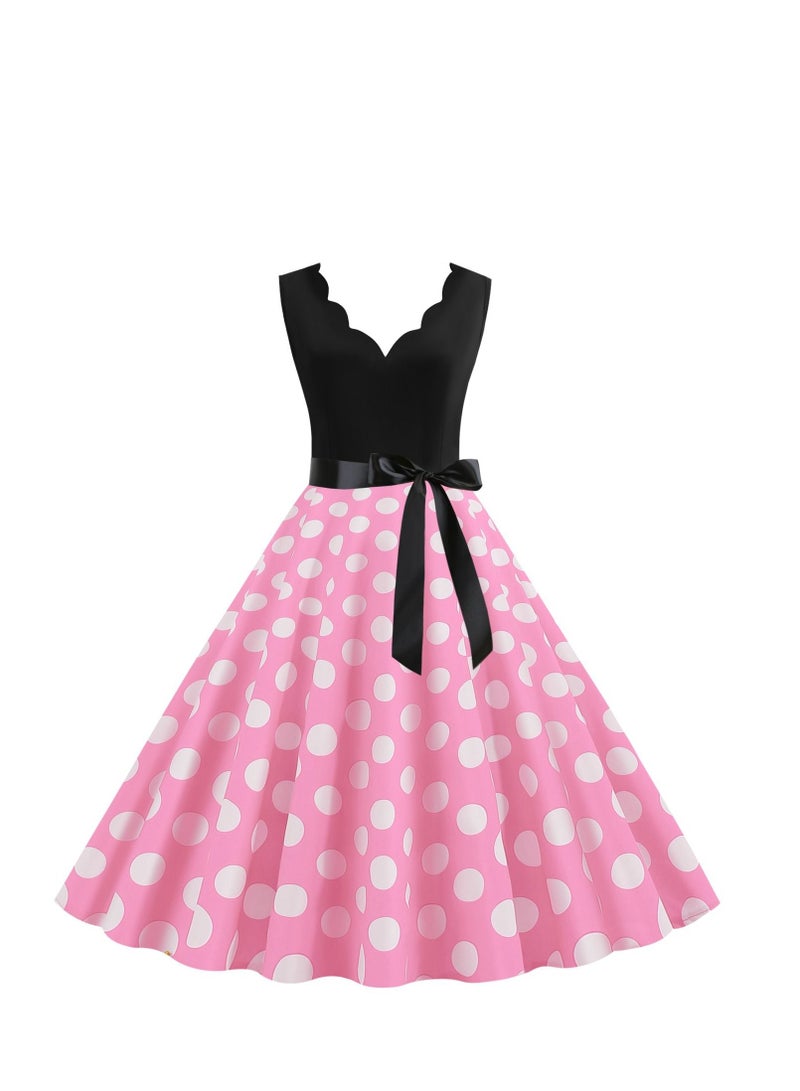 Loquat V-neck Sleeveless Polka Dot Lace Up Waist Retro Large Swing Dress Pink/White  - Image 1