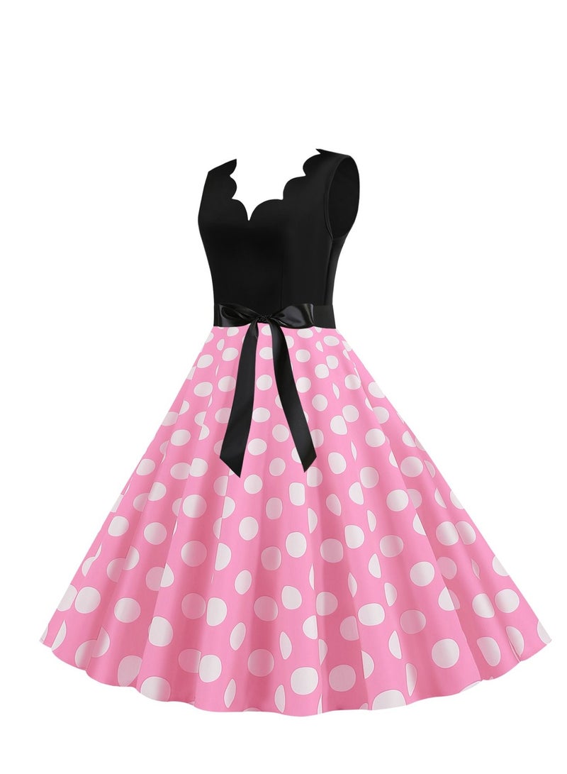 Loquat V-neck Sleeveless Polka Dot Lace Up Waist Retro Large Swing Dress Pink/White  - Image 2