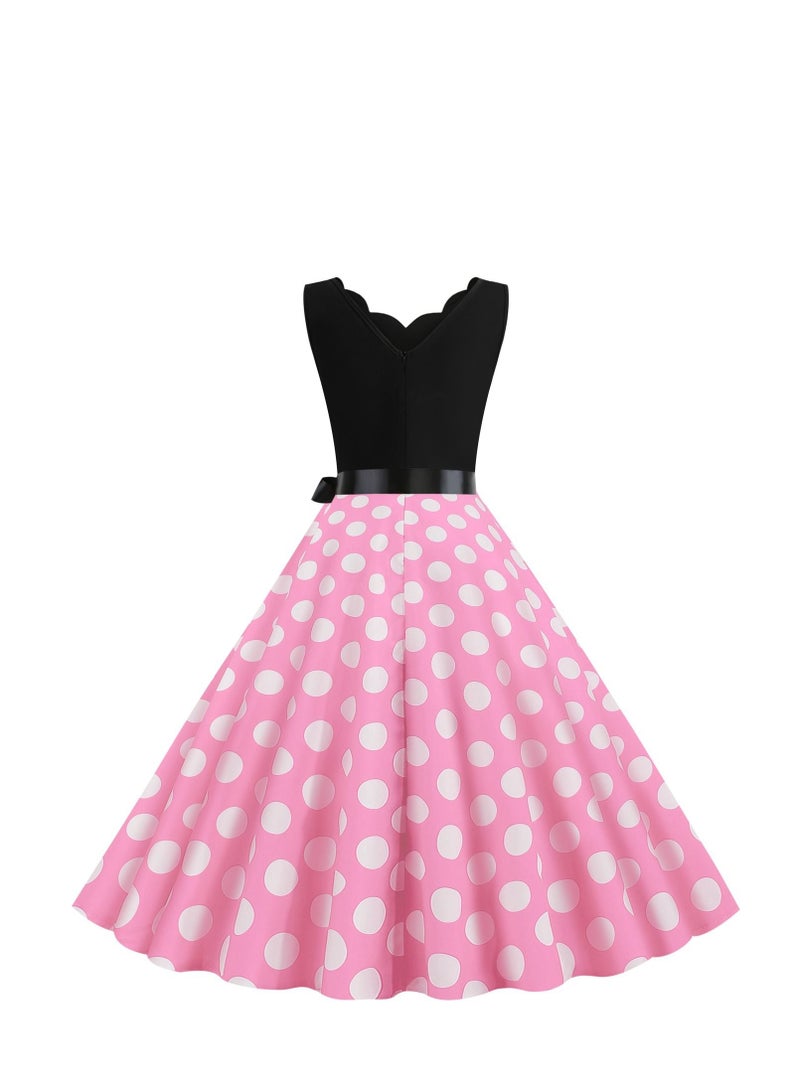 Loquat V-neck Sleeveless Polka Dot Lace Up Waist Retro Large Swing Dress Pink/White  - Image 3