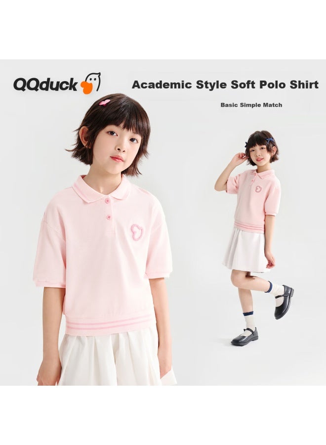 Qq Duck Girls' Short Sleeve T-Shirt Children'S Summer Polo Shirt Student Sportswear Love Light Pink; Size 130 - Image 1
