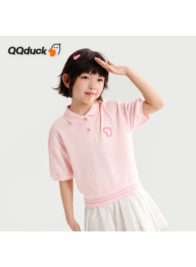 Qq Duck Girls' Short Sleeve T-Shirt Children'S Summer Polo Shirt Student Sportswear Love Light Pink; Size 130 - Image 2