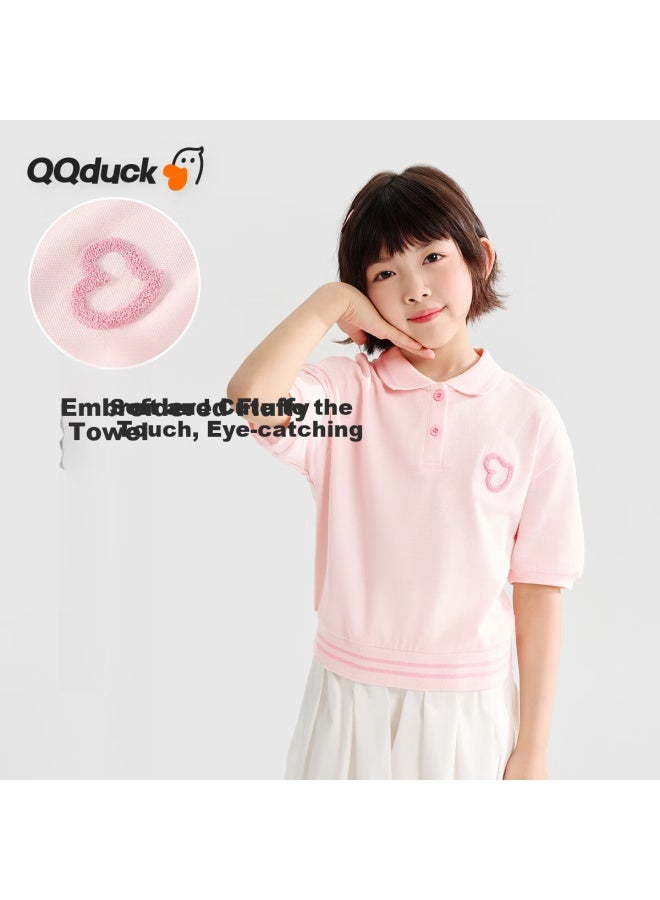 Qq Duck Girls' Short Sleeve T-Shirt Children'S Summer Polo Shirt Student Sportswear Love Light Pink; Size 130 - Image 3
