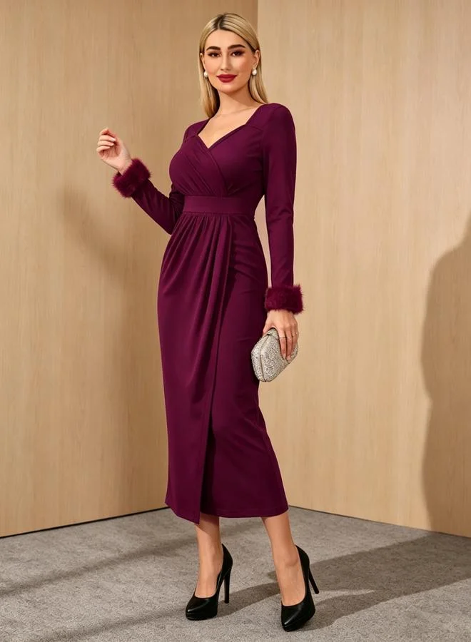 Take Two Burgundy Faux Fur Cuff Sheath Midi Dress