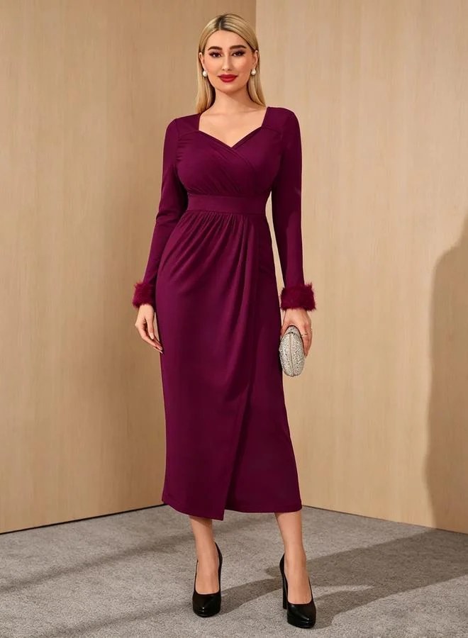 Take Two Burgundy Faux Fur Cuff Sheath Midi Dress