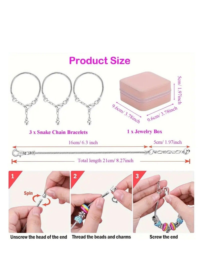 Bracelet Making Kit for Girls, DIY Charm Jewelry Set with 68 Pieces Including Snake Chain Bracelets, Charms, Beads, Cords, Jewelry Box & Gift Bag for Creative Crafts – Pink - Image 3