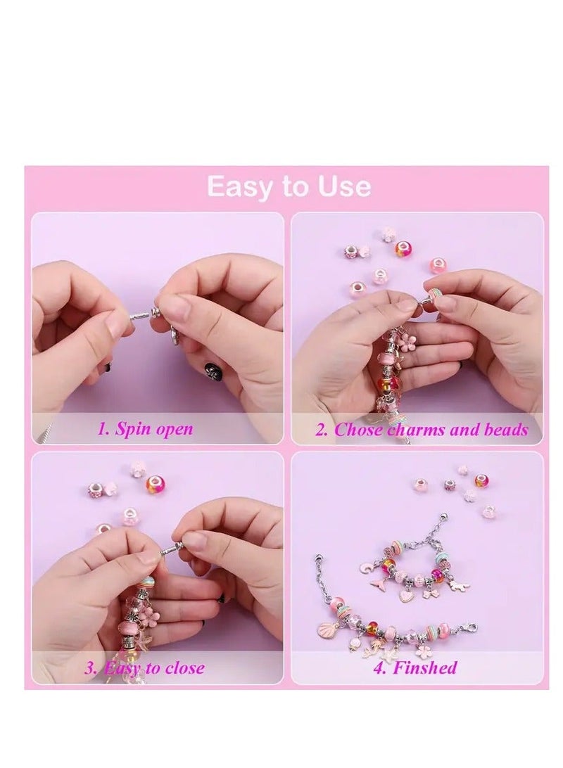 Bracelet Making Kit for Girls, DIY Charm Jewelry Set with 68 Pieces Including Snake Chain Bracelets, Charms, Beads, Cords, Jewelry Box & Gift Bag for Creative Crafts – Pink - Image 4