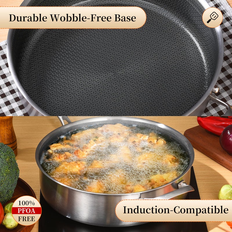 LOLYKITCH 12 Inch Deep Frying Pan with Lid, Nonstick 5QT Tri-Ply Stainless Steel SautÃ© Pan with Ceramic Coating, PFOA & PFOS Free, Induction Cooking Skillet, Dishwasher and Oven Safe - Image 4