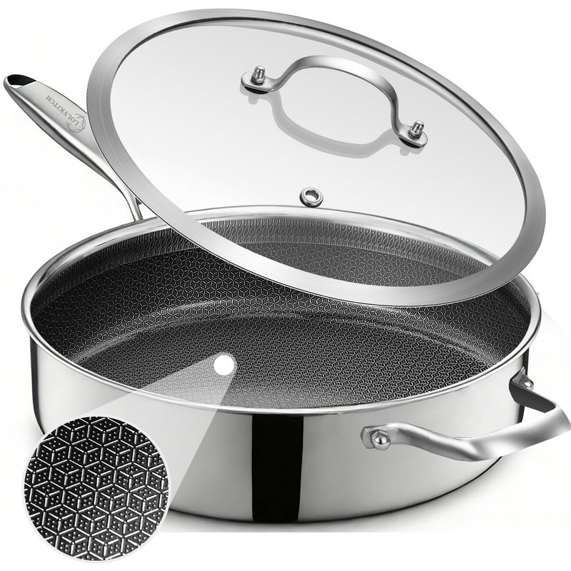 LOLYKITCH 12 Inch Deep Frying Pan with Lid, Nonstick 5QT Tri-Ply Stainless Steel SautÃ© Pan with Ceramic Coating, PFOA & PFOS Free, Induction Cooking Skillet, Dishwasher and Oven Safe - Image 1