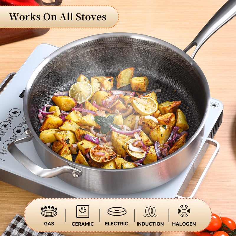 LOLYKITCH 12 Inch Deep Frying Pan with Lid, Nonstick 5QT Tri-Ply Stainless Steel SautÃ© Pan with Ceramic Coating, PFOA & PFOS Free, Induction Cooking Skillet, Dishwasher and Oven Safe - Image 3