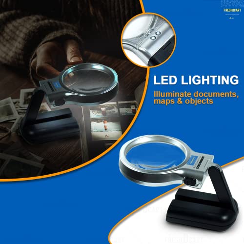 FreshDcart 3 in 1 Portable Magnifying Lens 3X High-Powered Magnification Hand-Held Folding Magnifier Glass with LED Lights Stand and UV Protection for Reading A4, Newspaper, Soldering, map - Image 3