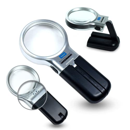 FreshDcart 3 in 1 Portable Magnifying Lens 3X High-Powered Magnification Hand-Held Folding Magnifier Glass with LED Lights Stand and UV Protection for Reading A4, Newspaper, Soldering, map - Image 1