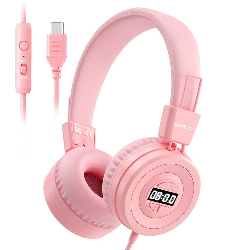 Bywulanda USBC Kids Headphones with Digital Timer 8594dB Volume Limit Portable Headphones for Kids HD Stereo Sound OnEar Headset with Microphone for Toddler Classroom Study TabletPink - Image 2