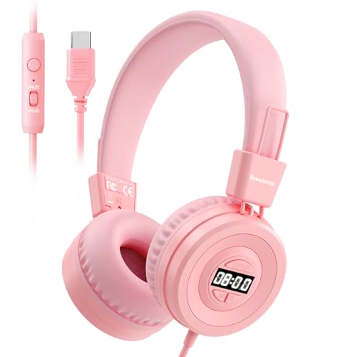 Bywulanda USBC Kids Headphones with Digital Timer 8594dB Volume Limit Portable Headphones for Kids HD Stereo Sound OnEar Headset with Microphone for Toddler Classroom Study TabletPink - Image 1