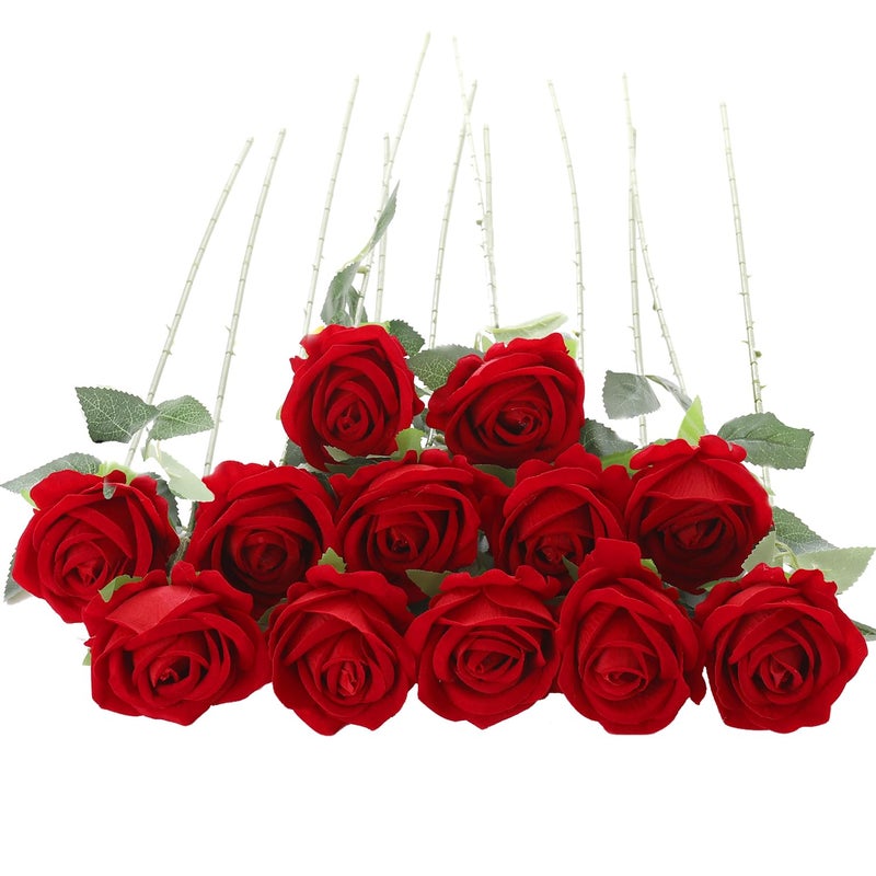 Cloudecor مجموعة كلاودديكور من 12 وردة حمراء اصطناعية، ورود صناعية مخملية حريرية لتزيين المنزل وحفلات الزفاف - Image 1