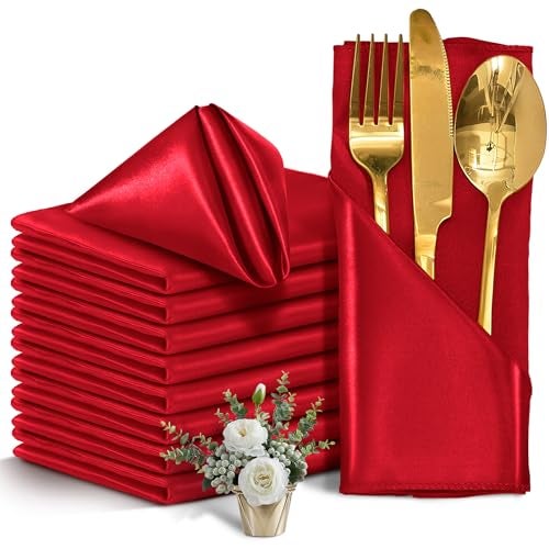 Eychei 12 Pieces Red Satin Napkins, 17" x 17" Square Table Napkins, Silky Soft Smooth Washable Napkins for Restaurant, Weddings, Dinner, Party Decoration - Image 1