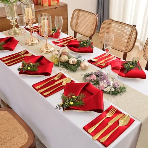 Eychei 12 Pieces Red Satin Napkins, 17" x 17" Square Table Napkins, Silky Soft Smooth Washable Napkins for Restaurant, Weddings, Dinner, Party Decoration - Image 3