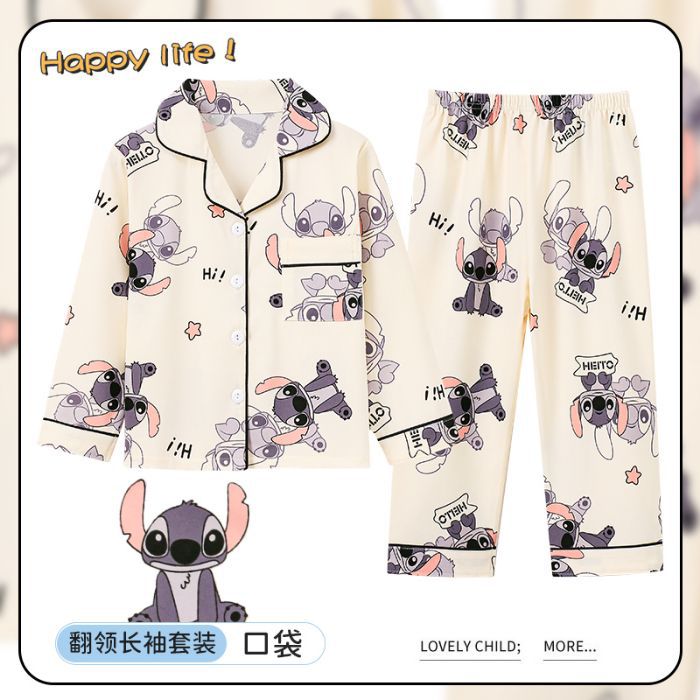 Childrens Pajamas Spring and Autumn Long Sleeve Imitation Cotton Cardigan Lapel Big Boys and Girls Cartoon Cute Home Clothes suit 2218#Stitch 